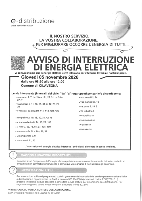 Interruzione energia elettrica giovedi' 5 novembre 2026