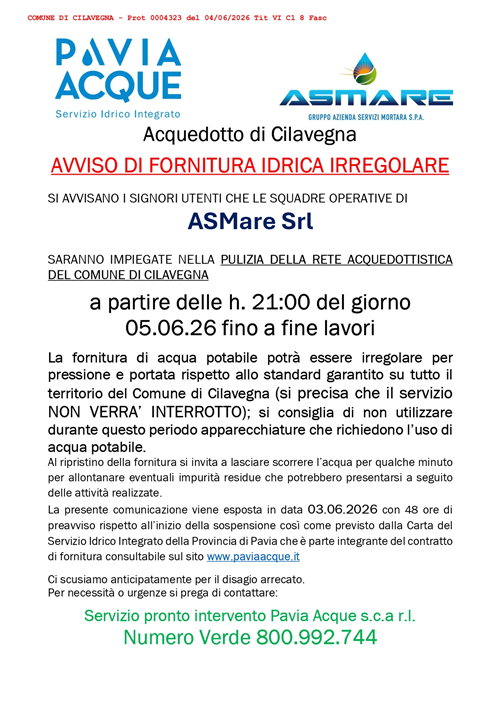 Avviso di fornitura idrica irregolare