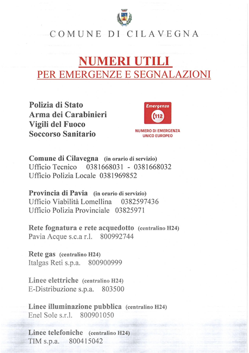 Numeri utili per emergenze e segnalazioni